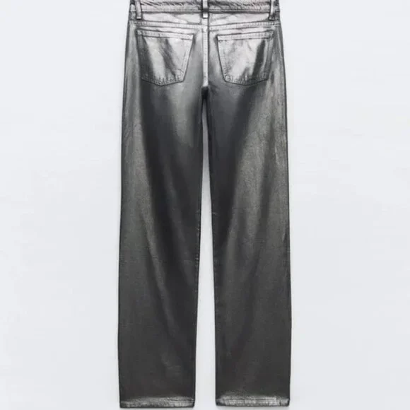 NWT ZARA MID WAIST STRAIGHT LEG FOIL JEANS BLACK - Picture 5 of 6